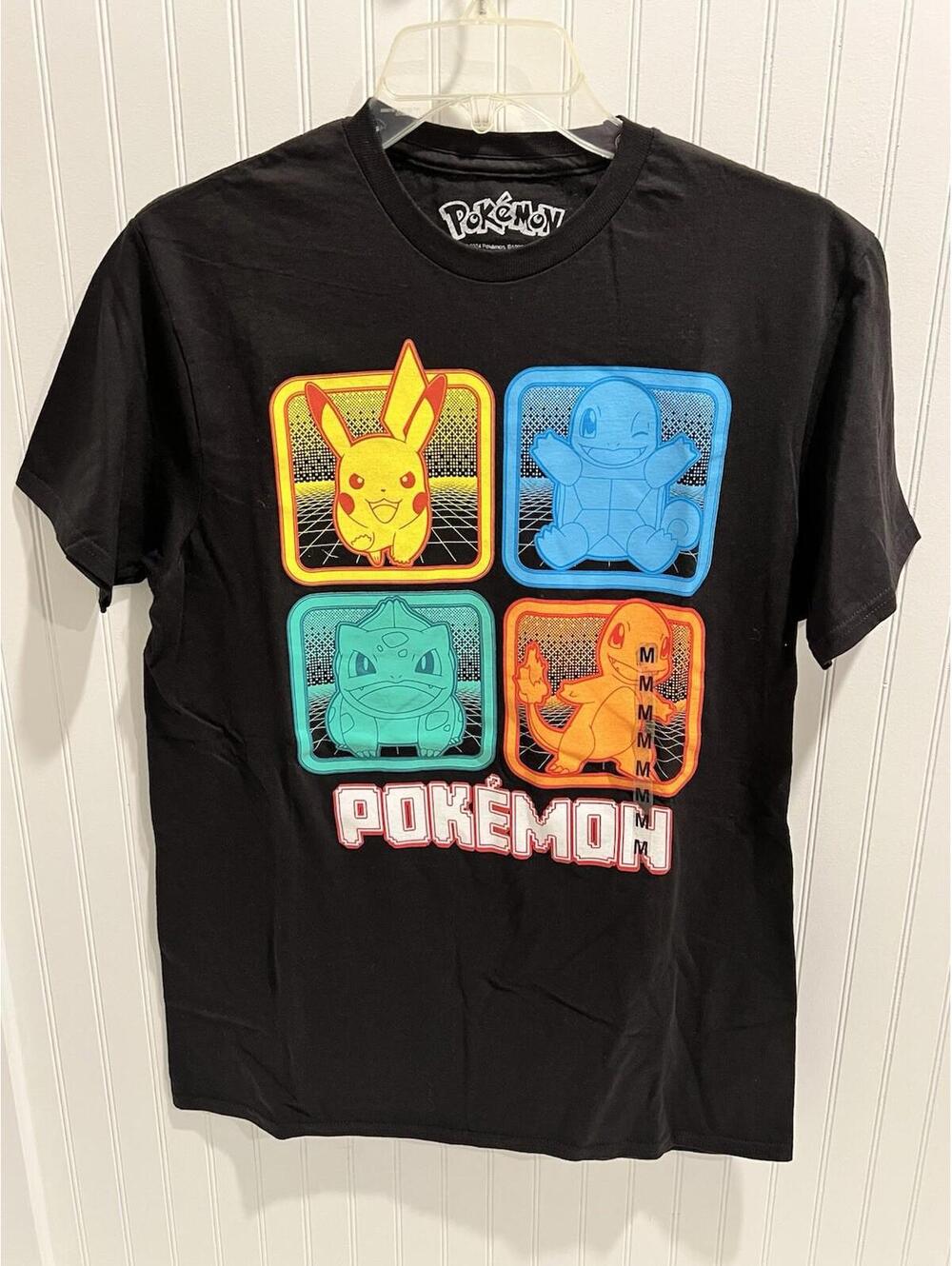 Pokémon Starter Characters Graphic T-Shirt Men’s Medium Black Pikachu Squirtle